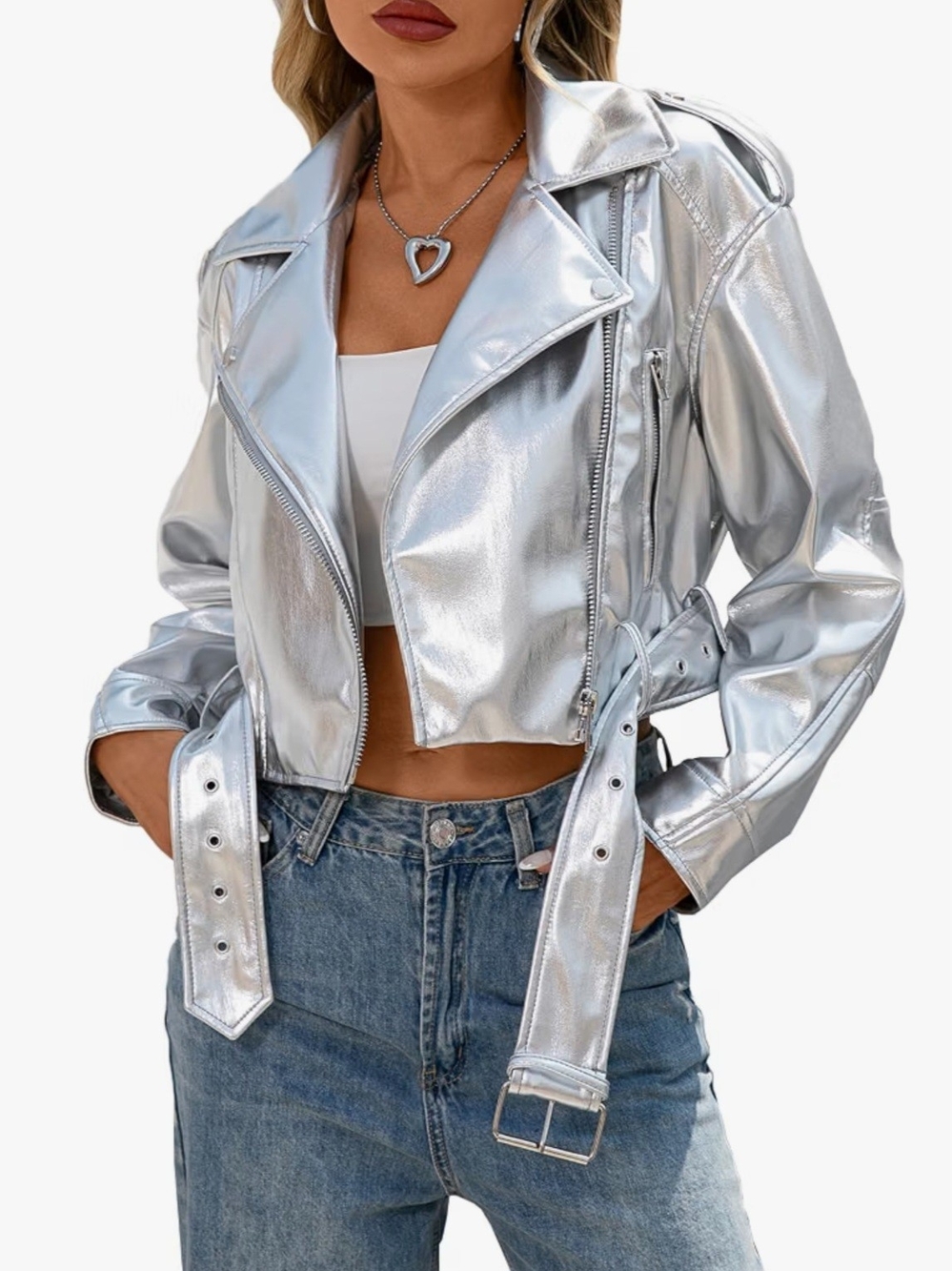 NWT Metallic Silver Faux Leather Cropped Biker Moto Jacket - Small